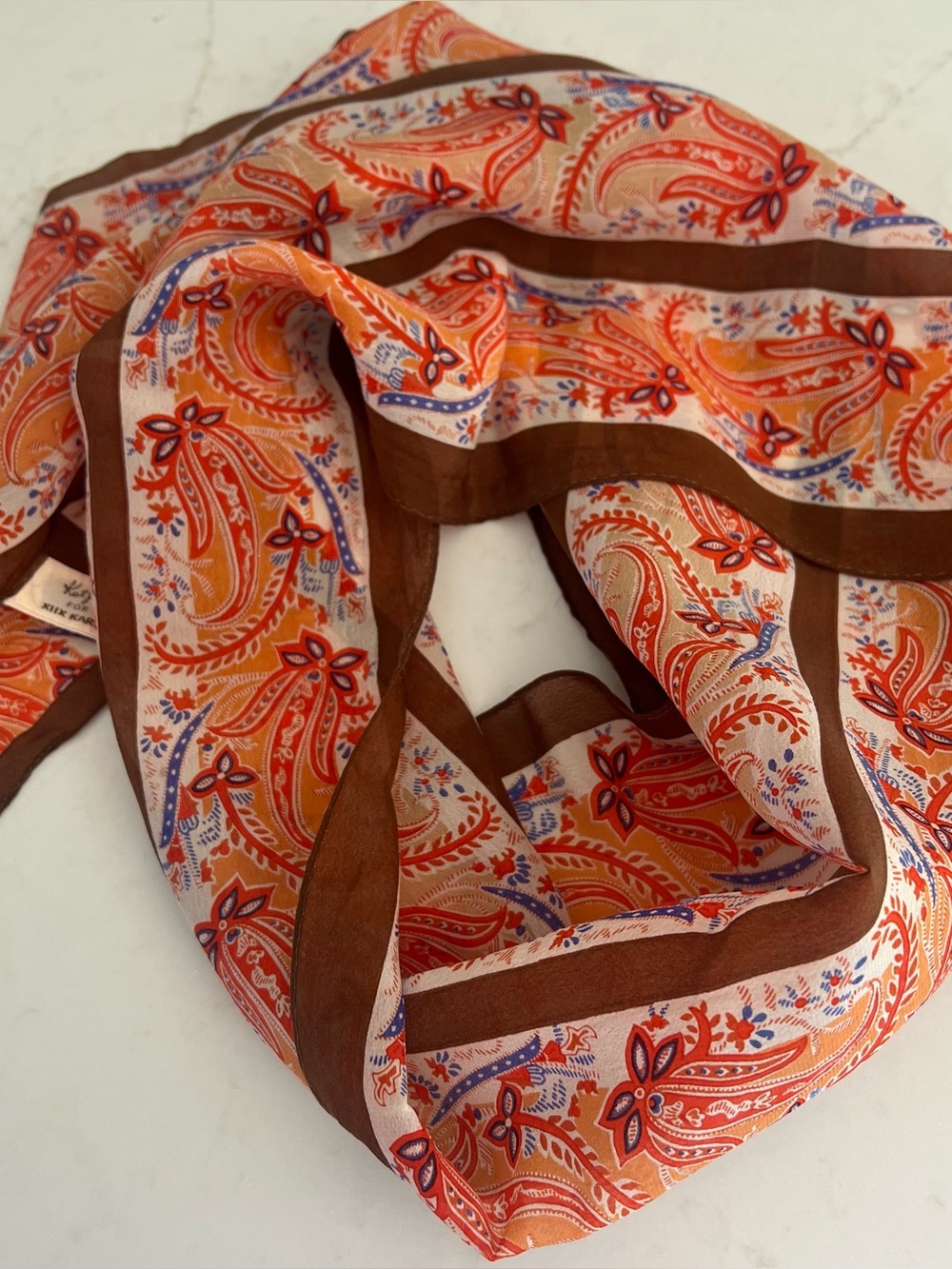 Vintage Katjacrepe Made in Japan Paisley Silk Blend Oblong Scarf Brown Coral